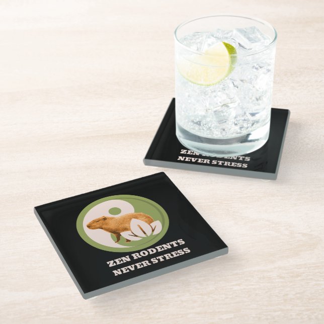 Zen Rodents Never Stress Capybara Glass Coaster (Angled)