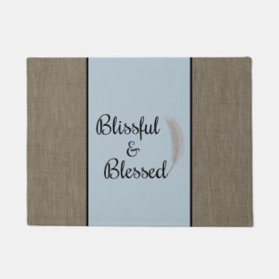 Zen rustic angel feather blue burlap print doormat