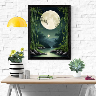 Zen Serenity: Bamboo Forest Moonlit Night Poster
