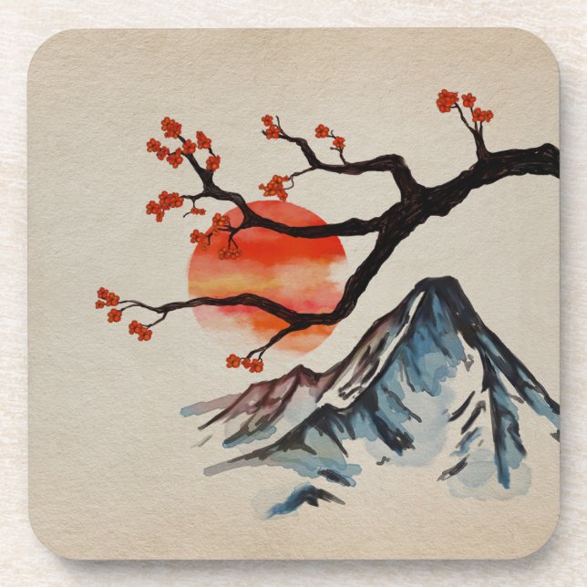 Zen Serenity Landscape - Sakura Mountain Sunset Coaster (Front)