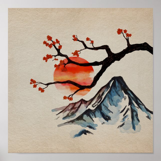 Zen Serenity Landscape - Sakura Mountain Sunset Poster (Front)