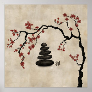Zen stones Sakura Tree Poster