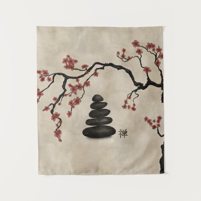 Zen stones Sakura Tree Tapestry (Front)