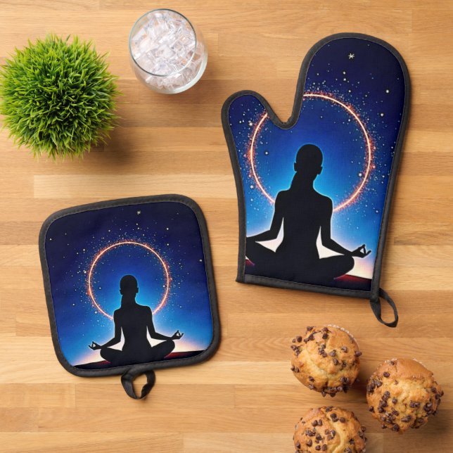 Zen Under Stars: Cosmic Meditation Oven Mitt & Pot Holder Set (Top Down)