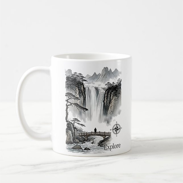Zen Waterfall Mountain Ink Art Explore Compass Coffee Mug (Left)