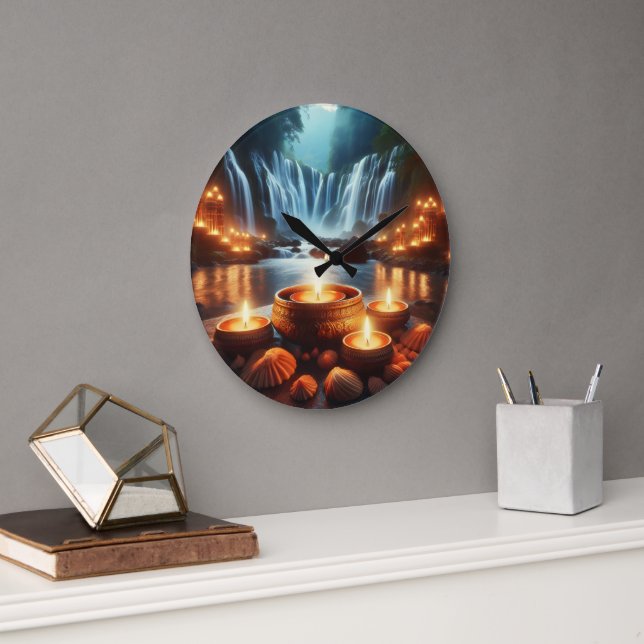 Zen Waterfall Night Landscape  Large Clock (Office)
