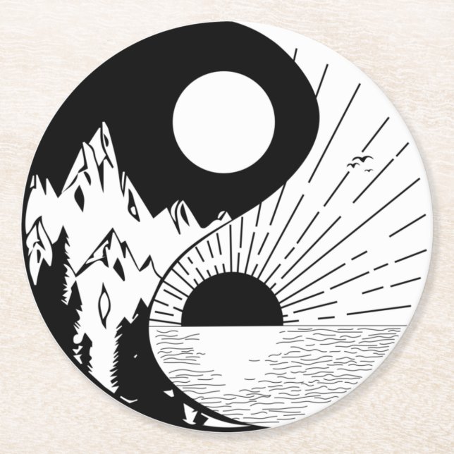 Zen Yin Yang Black White  Round Paper Coaster (Front)