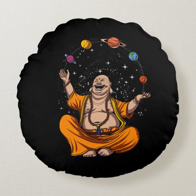 Zen Yoga Buddha Juggling Space Planets Meditation Round Cushion (Front)
