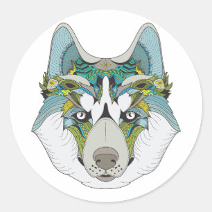 Zenart patterned Husky Dog Blue Husky Face Classic Round Sticker