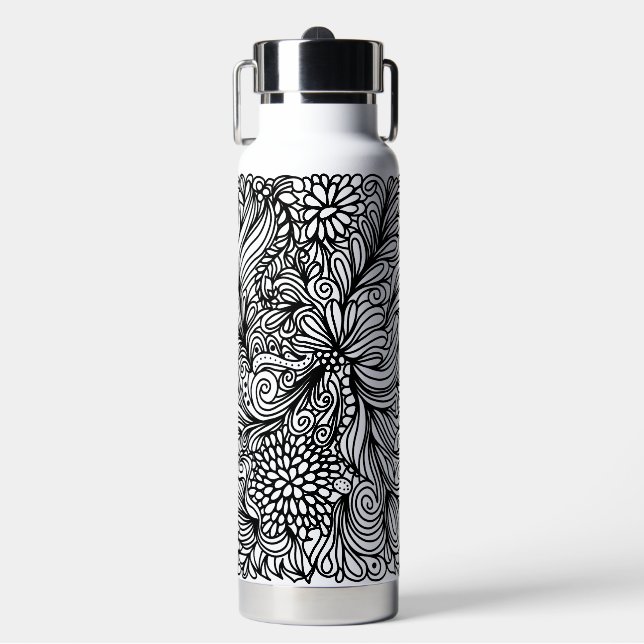 Zentangle flower and paisley doodle design water bottle (Front)