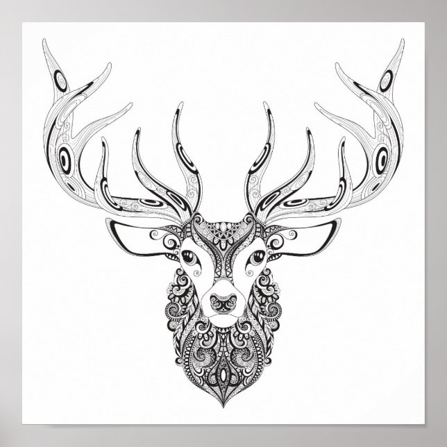 Zentangle Inspired Deer Horned Head 2 Poster (Front)