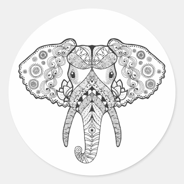 Zentangle Inspired Elephant Classic Round Sticker (Front)