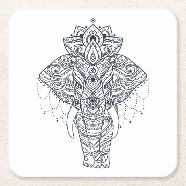 Zentangle Inspired Elephant Square Paper Coaster (Front)
