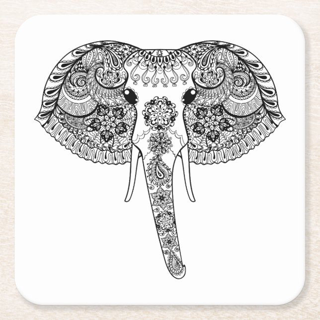 Zentangle Inspired Indian Elephant Square Paper Coaster (Front)