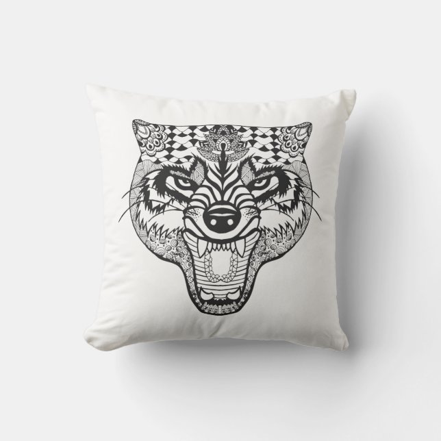 Zentangle Inspired Wolf Cushion (Front)