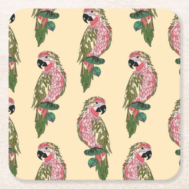 Zentangle Style Parrots 2 Square Paper Coaster (Front)