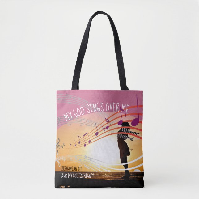 Zephaniah 3:17 MY GOD SINGS OVER ME Pink Christian Tote Bag (Front)