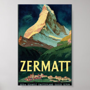 Zermatt Mountain, Switzerland, Vintage Poster