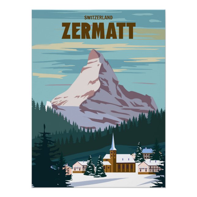 Zermatt Ski resort poster, retro, Alpes Winter Poster (Front)