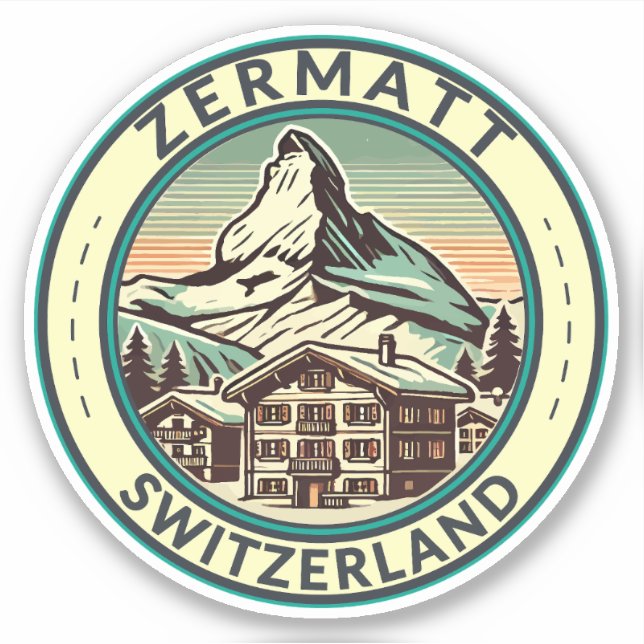 Zermatt Switzerland Illustration Travel Art Badge (Front)