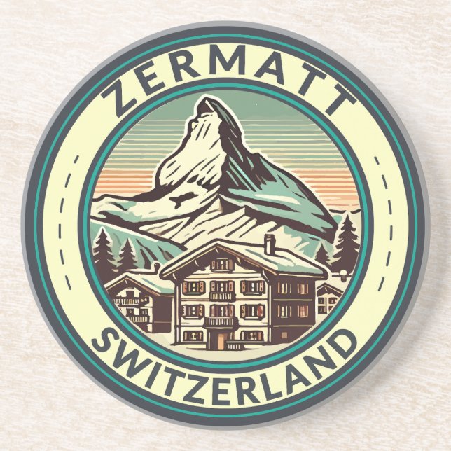 Zermatt Switzerland Illustration Travel Art Badge Coaster (Front)