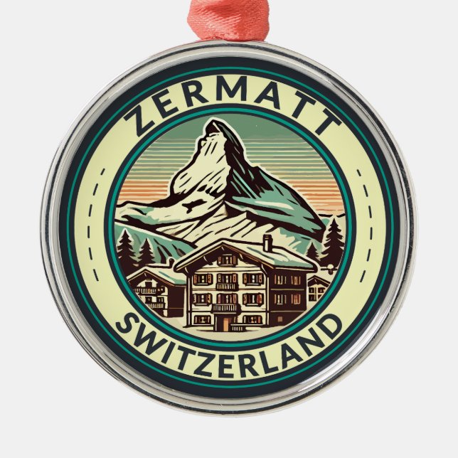 Zermatt Switzerland Illustration Travel Art Badge Metal Ornament (Front)