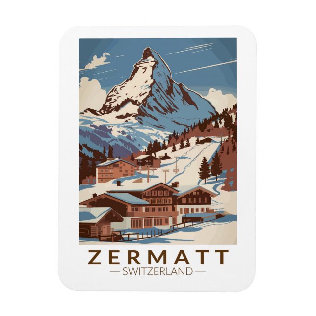 Zermatt Switzerland Illustration Travel Art Retro Magnet (Vertical)