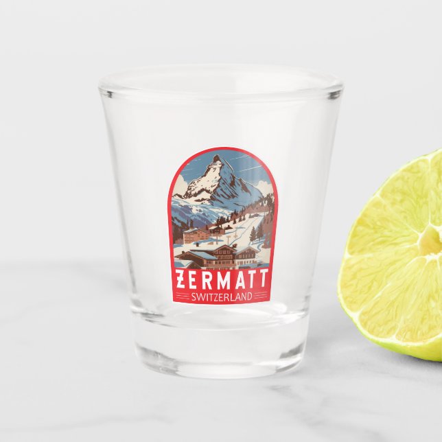 Zermatt Switzerland Illustration Travel Art Retro Shot Glass (Front)