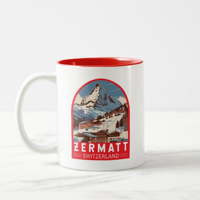 Zermatt Switzerland Illustration Travel Art Retro Two-Tone Coffee Mug (Left)