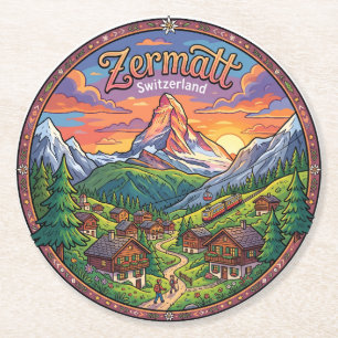 Zermatt Switzerland Matterhorn Sunset Round Paper Coaster