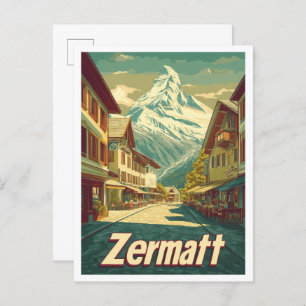 Zermatt Switzerland Vintage Travel Illustration Postcard