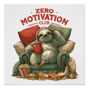Zero Motivation Club Sloth Relaxing in Armchair Poster