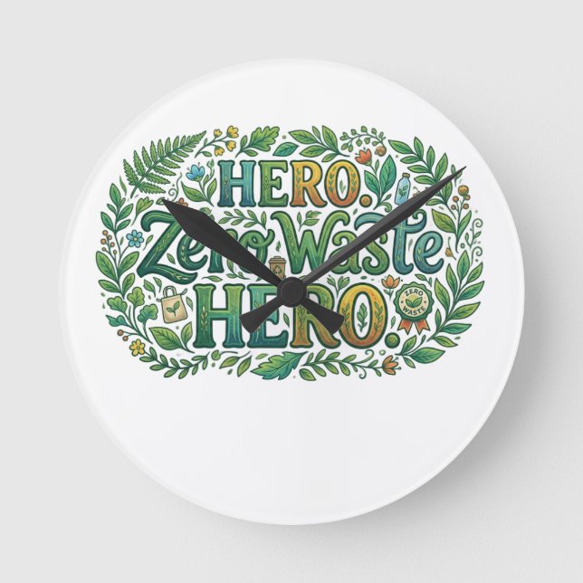 Zero Waste Hero – Eco-Friendly Sustainability Typo Round Clock (Front)