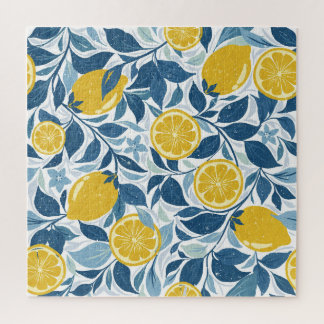 Zesty Lemon Garden - Bright Yellow and Blue Jigsaw Puzzle