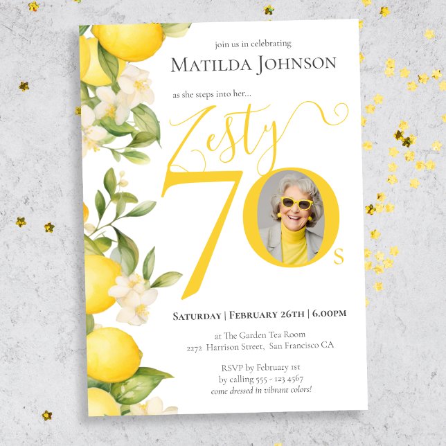 Zesty Lemon Photo Fun 70th Birthday Party Invitation (Mockup View)