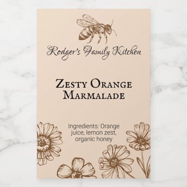 Zesty Orange Marmalade Floral Honey Bee Food Label (Single Label)
