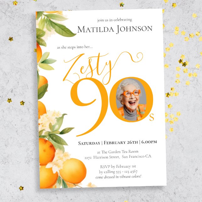 Zesty Orange Photo 90th Birthday Party Invitation (Mockup View)