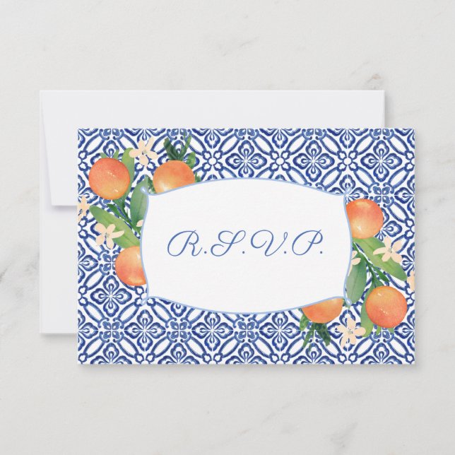 Zesty Oranges Blue Tiles Wedding Meal Options RSVP (Front)