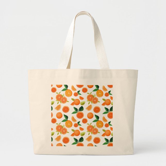 Zesty Orchard' Vibrant Orange & Leaf Pattern Large Tote Bag (Front)
