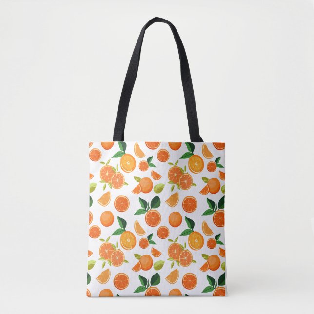 Zesty Orchard' Vibrant Orange & Leaf Pattern Tote Bag (Front)