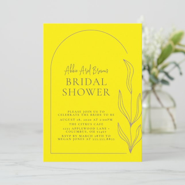 Zesty Yellow Arch Script Text Bridal Shower Invitation (Standing Front)