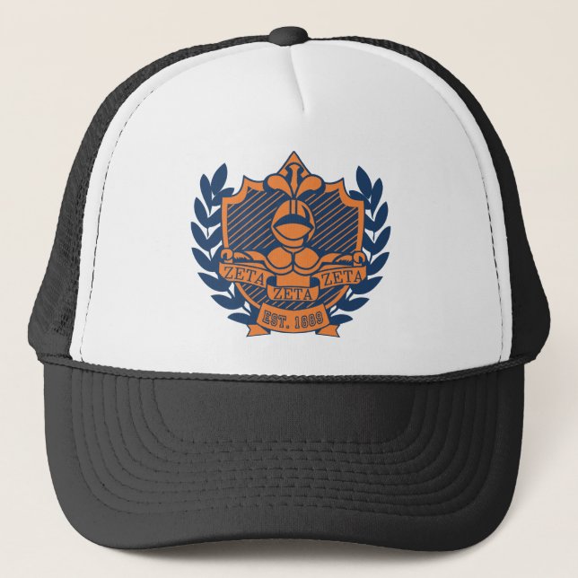 Zeta Zeta Zeta Fraternity Crest - Navy/Orange Trucker Hat (Front)
