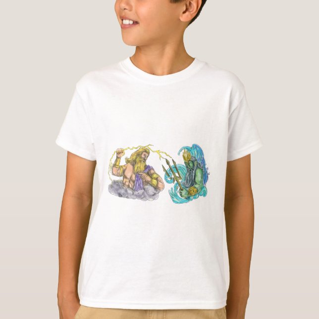 Zeus Thunderbolt Vs Poseidon Trident Tattoo T-Shirt (Front)