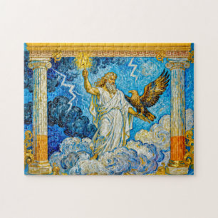 Zeus with Eagle and Lightning in Temple Gate Among Jigsaw Puzzle
