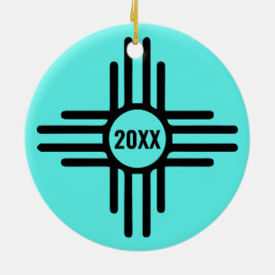 Zia Symbol Add Christmas Tree Turquoise Holiday Ceramic Ornament