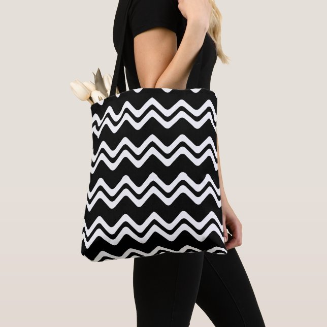 Zig Zag Dual Coloured Line Pattern Tote Bag (Close Up)