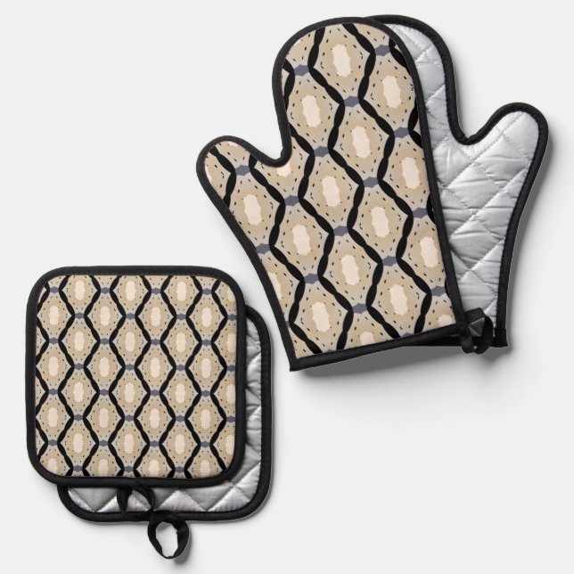Zig zag geometric black and off-white  oven mitt & pot holder set (Front/Back)