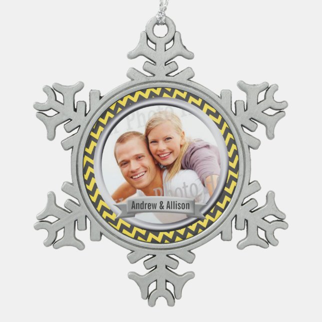 Zig Zag Pattern Yellow Photo Keepsake Snowflake Pewter Christmas Ornament (Front)