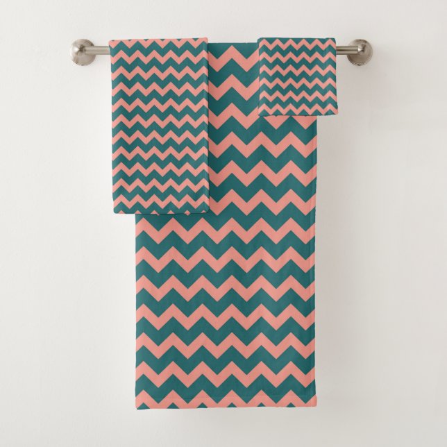 ZIG ZAG - TEAL & CORAL BATH TOWEL SET (Insitu)