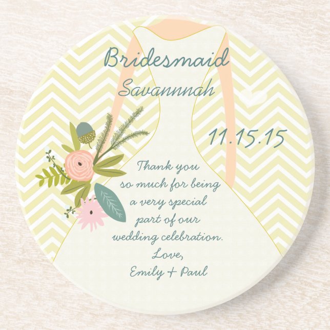 Zig Zag Wedding Gown Bridesmaid Keepsake Gift Coaster (Front)